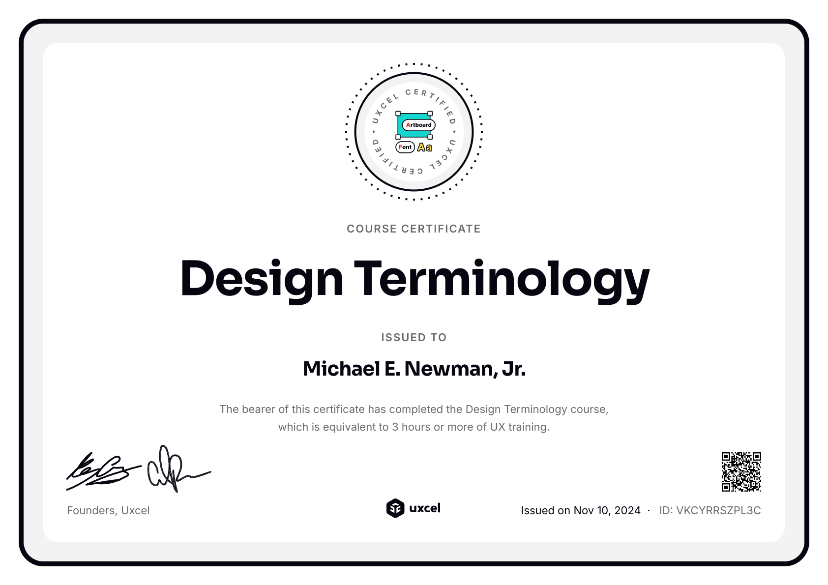 Michael E. Newman, Jr.'s certificate